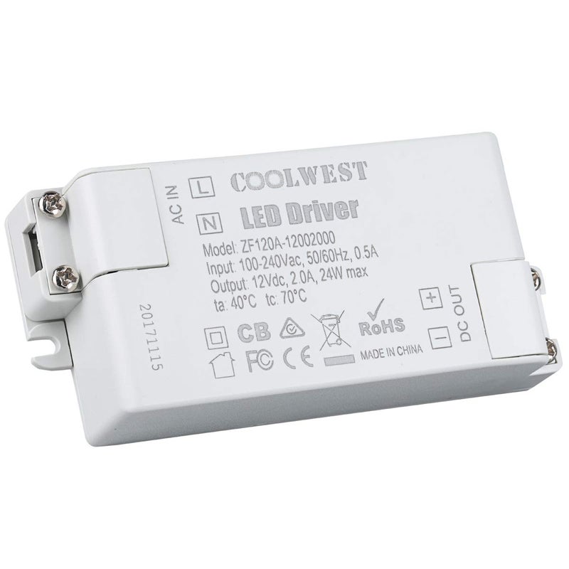 COOLWEST Transformer Driver Power Supply 24W 12V for LED Strip Lights and G4, MR11, MR16 Light Bulbs - Image 1